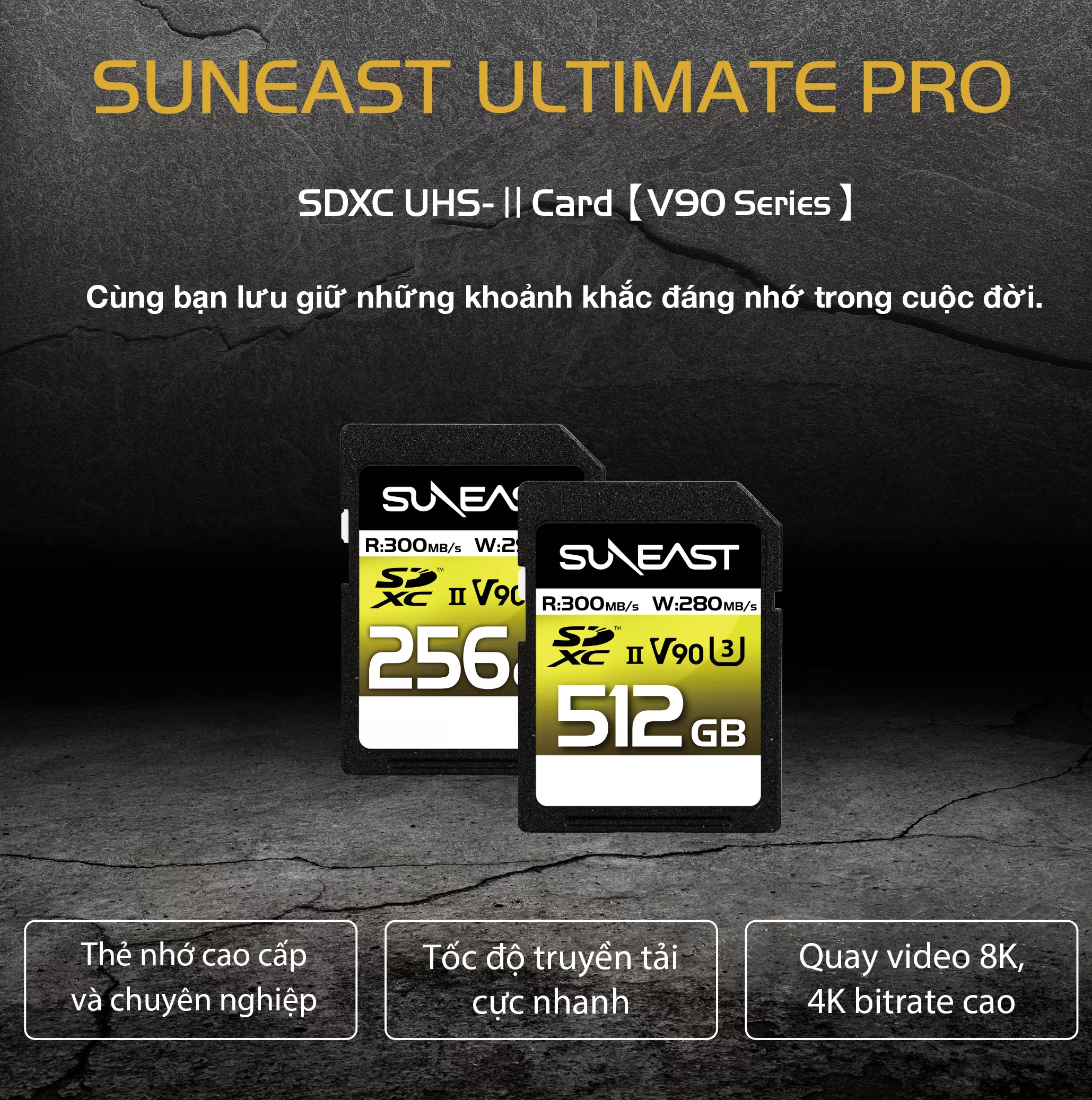 Thẻ nhớ SunEast SDXC V90 SunEast Ultimate Pro 64GB | 128GB | 256GB cao cấp UHS-II tốc độ 300MB/s, hỗ trợ quay 8K+4K